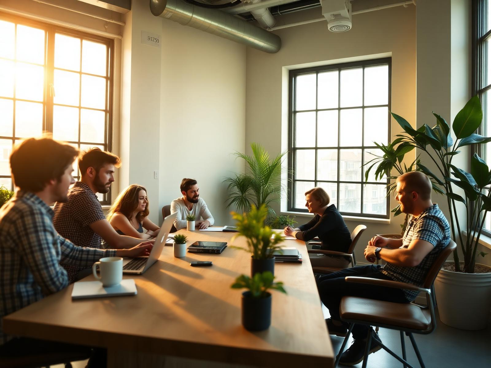 A team collaborating in a bright, modern workspace