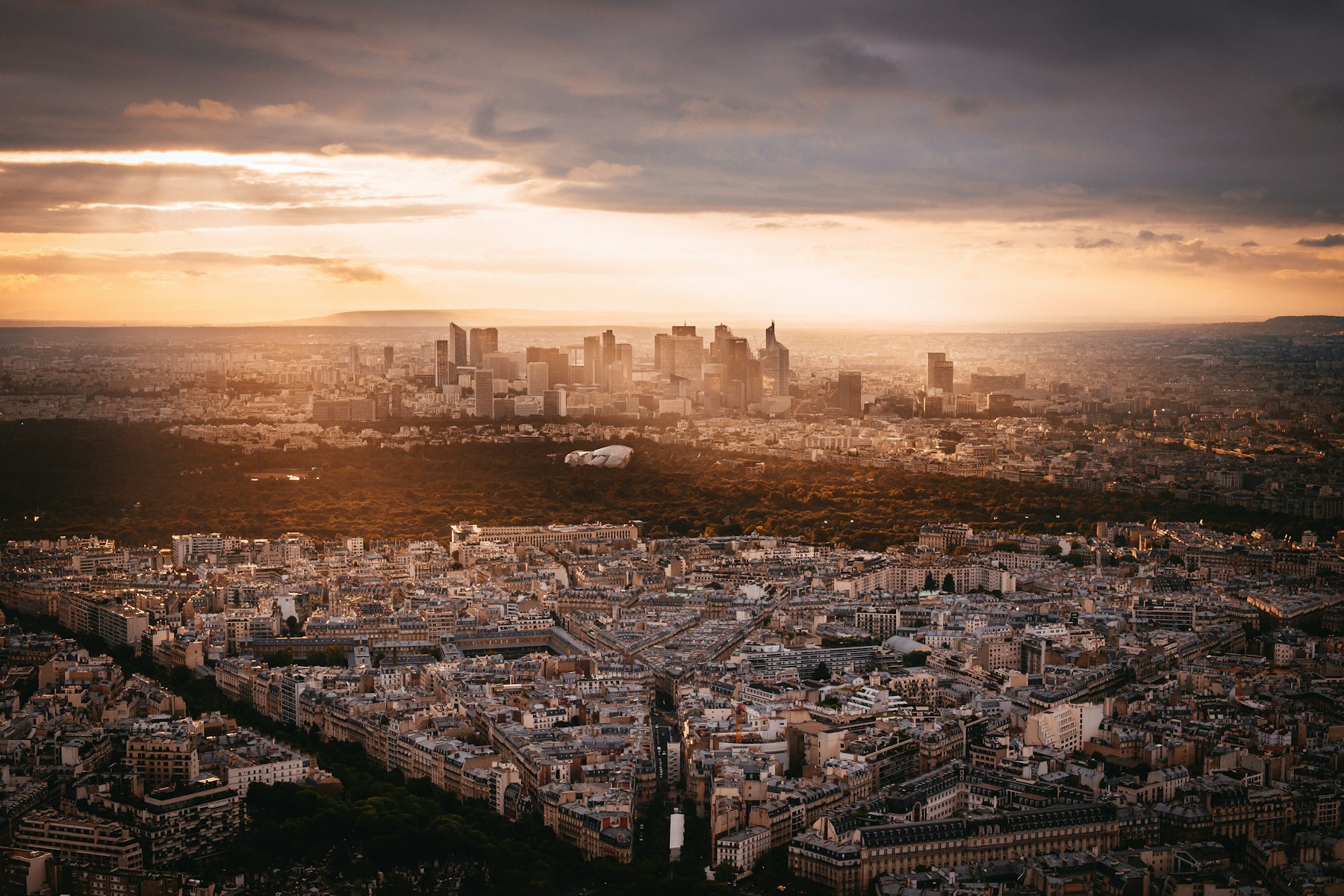 Paris La Defense business district at golden hour